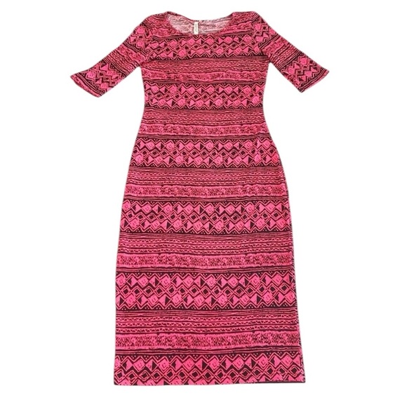 Neon Pink Boho Tribal Graphic Stretch Sexy Midi Dress Small Medium Large - Picture 1 of 4